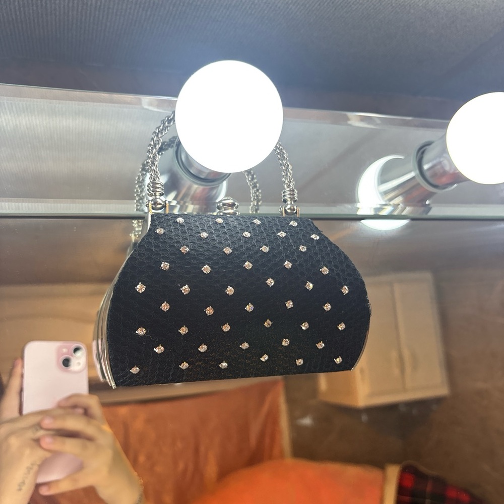 Black Studded Clutch with Silver Chain